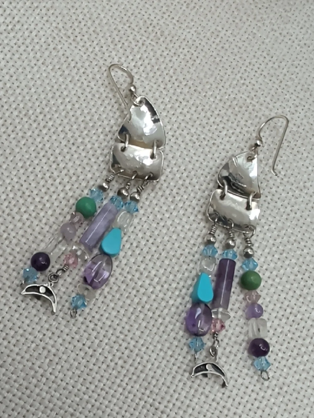 Signed Sterling Silver Dolphin Artisan Chandelier Earrings FL Keys 1990s - Picture 7 of 17